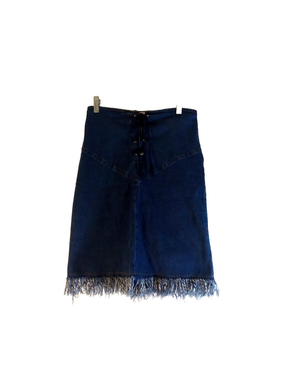 Vintage 90s Y2k Zoey Beth Jean Denim Skirt Womens M Blue Midi Distressed Fringes